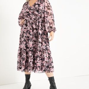 Floral print V neck midi dress.